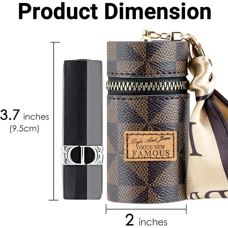 Women's Mini Lipstick Pouch Keychain PU Cylinder Coin Purse with Scarf Charm Zipper Case for Travel Daily Bag image 3