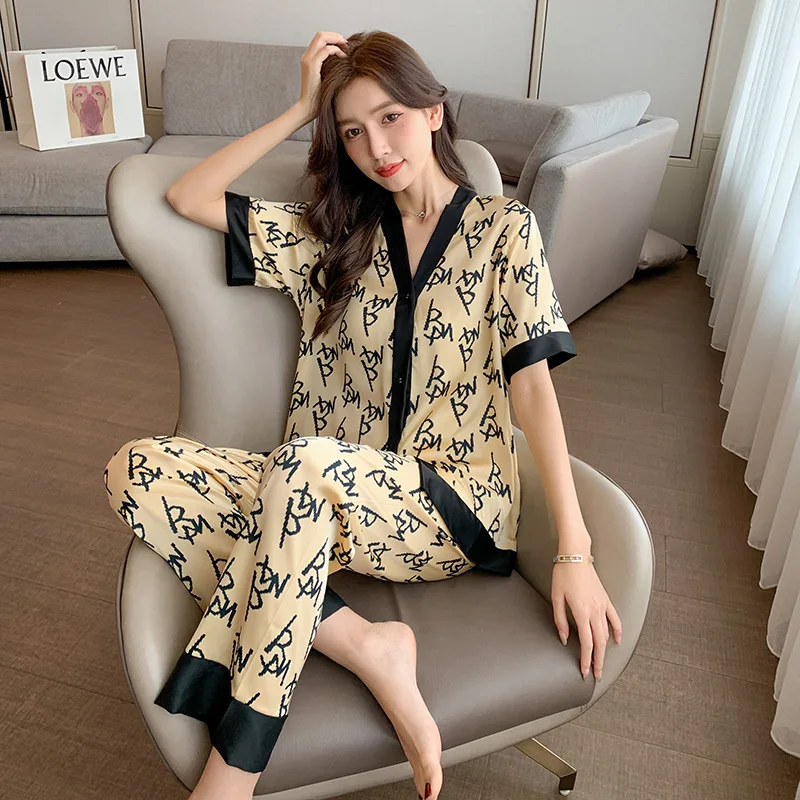 Short Sleeve Female Sleep Set Print Flower 2PCS Pajamas Suit Casual Summer New Sleepwear Intimate Lingerie With Pocket