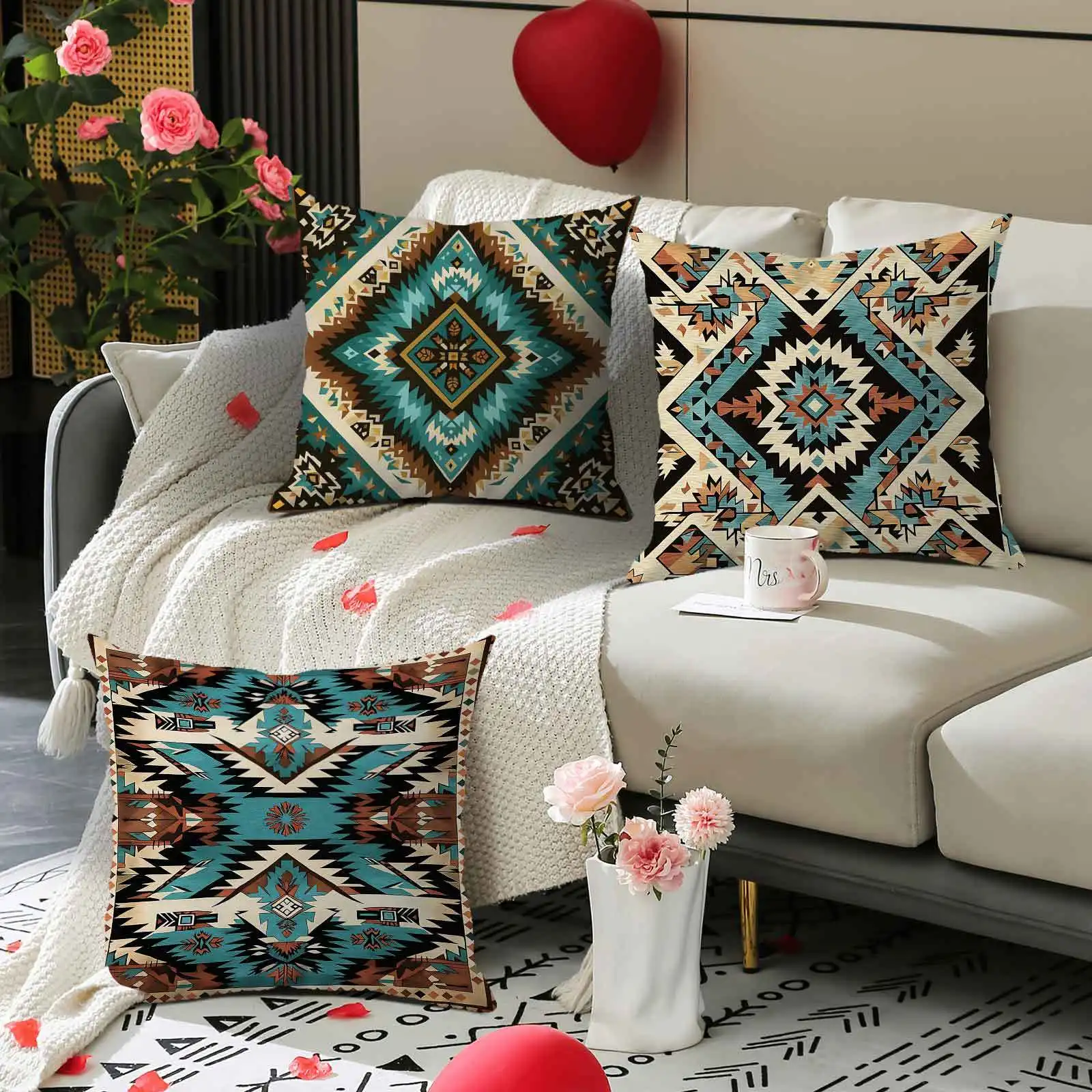 4 fundas  cojín con patrón geométrico  estilo boho | Estilo sudoccintal, diseño tribal rústico, poliéster  colores mixto
