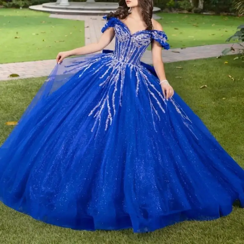 Royal Blue Shiny Ball Gown Quinceanera Dresses Off the Shoulder Bow Tull Party Birthday Sweet 16 Vestidos 15 De