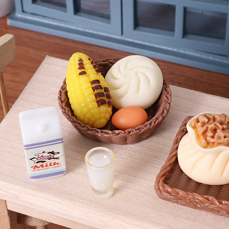 1/12 Dollhouse Simulation Mini Buns Corn Egg Milk Breakfast Model Dollhouse Kitchen Food Decoration Kid Pretend Play Toys