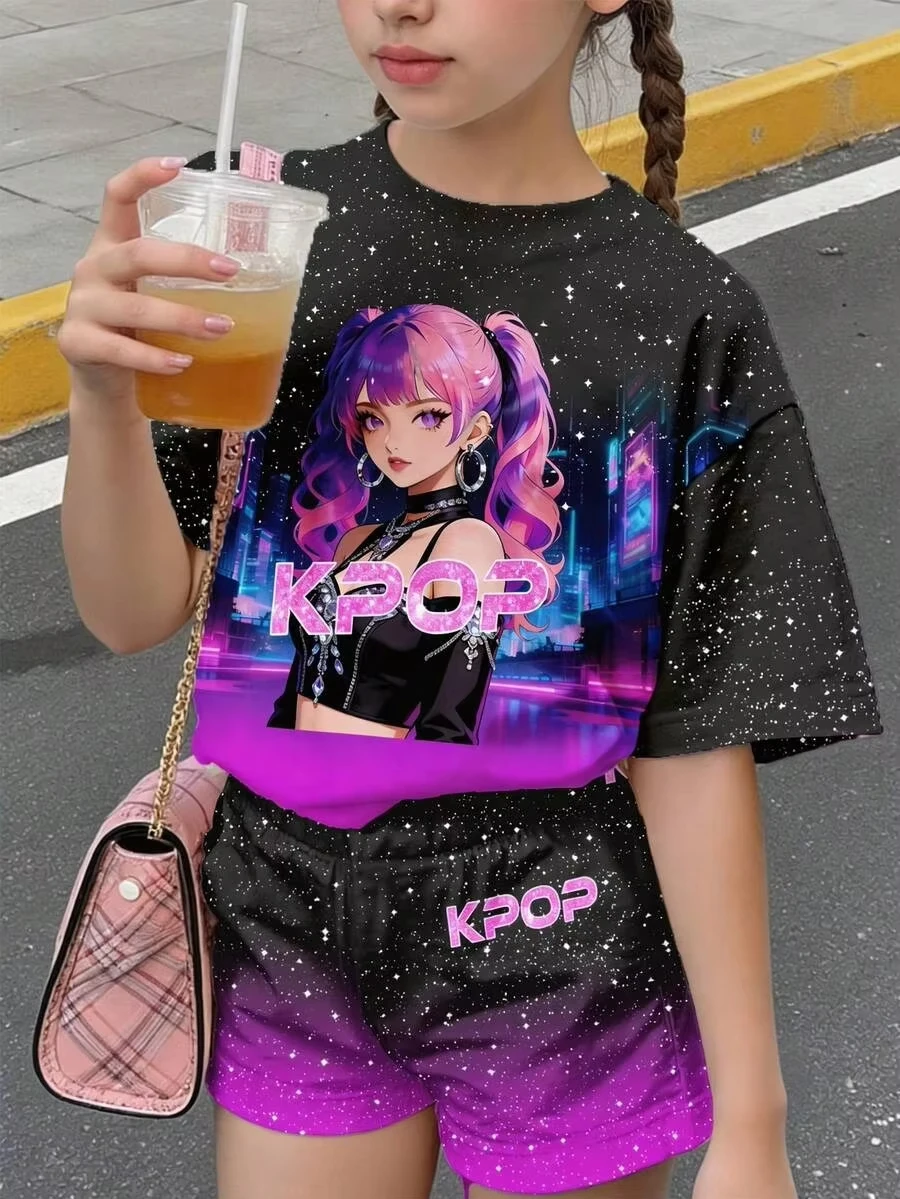 2026 Hotsale Girls' Black-to-Purple Starry Gradient K-Pop_Anime Style Short-Sleeve Set_ All-Over Print _Starry Girl_ T-Shirt