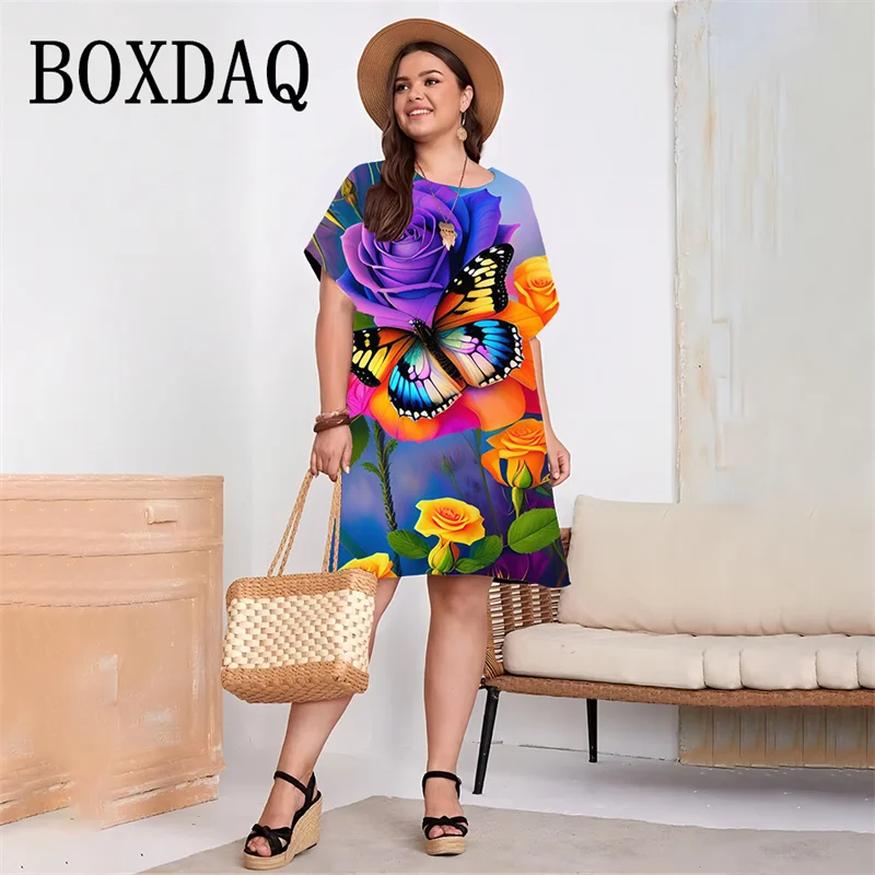 Elegant Sweet Butterfly Flowers Women Dress New Summer Short Sleeve Print Loose Casual Mini Dress Streetwear Ladies Beach Dress