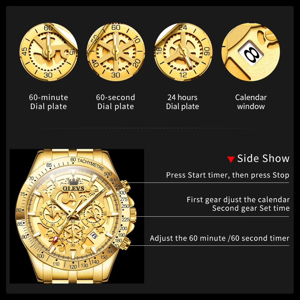 Original Top Brand OLEVS Luxury Quartz Men\'s Watches Waterproof Gold Stainless Steel Fashion Skeleton Watch for Men Business