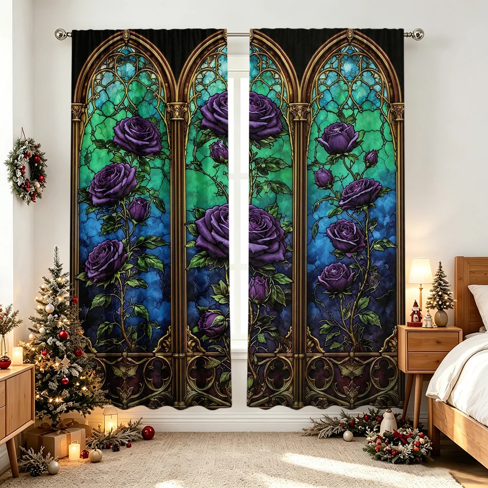 2PCS Digital Print Curtains, Stained Glass Gothic Rose Flower Pattern, Vintage Dark Romantic Style for Halloween Home Decor
