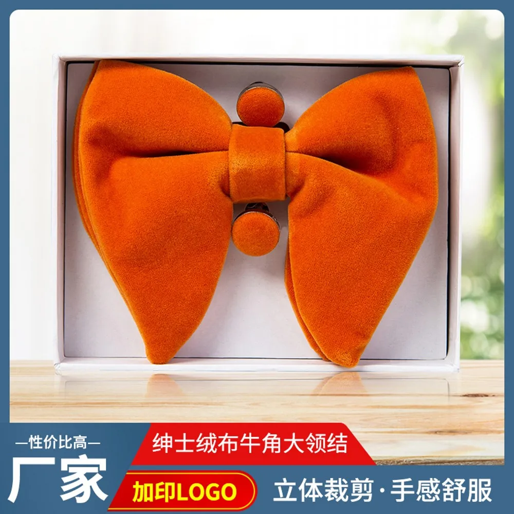 Novelty Dark Orange Mens Pre-Tied Oversized Red Bow Tie Tuxedo Velvet Bowtie Cufflinks Hanky Sets Gift Box Many Color Gift Man