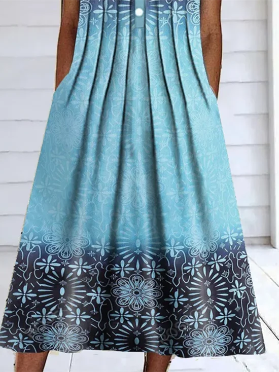 Plus Size Women's Blue Short Sleeveless V-neck Graphic Floral Printed Maxi Dress