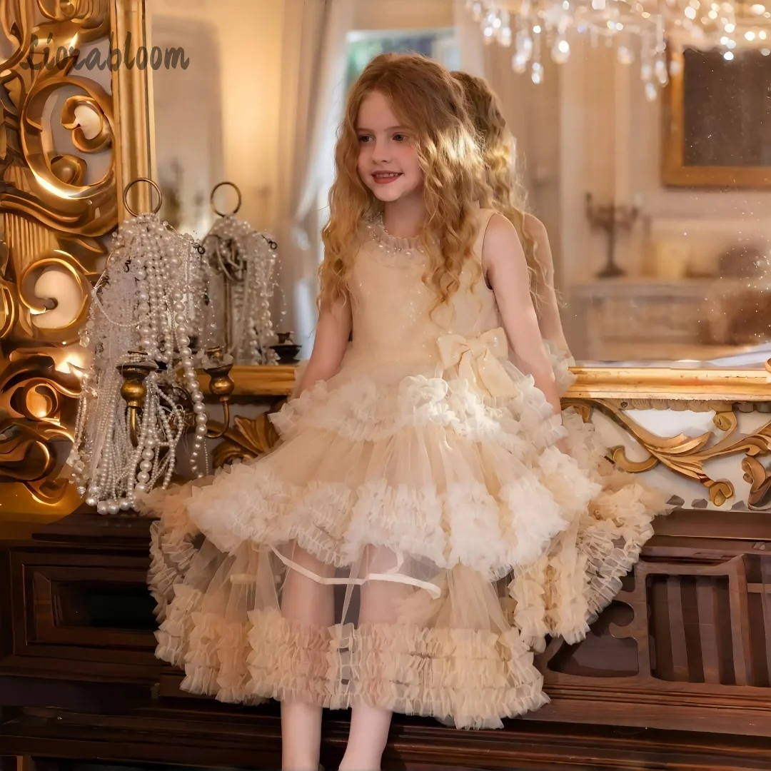Champagne Tulle Princess Dress Tiered Formal Gown Lace Flower Girl Dress Champagne Tulle Princess Dress свадебное платье
