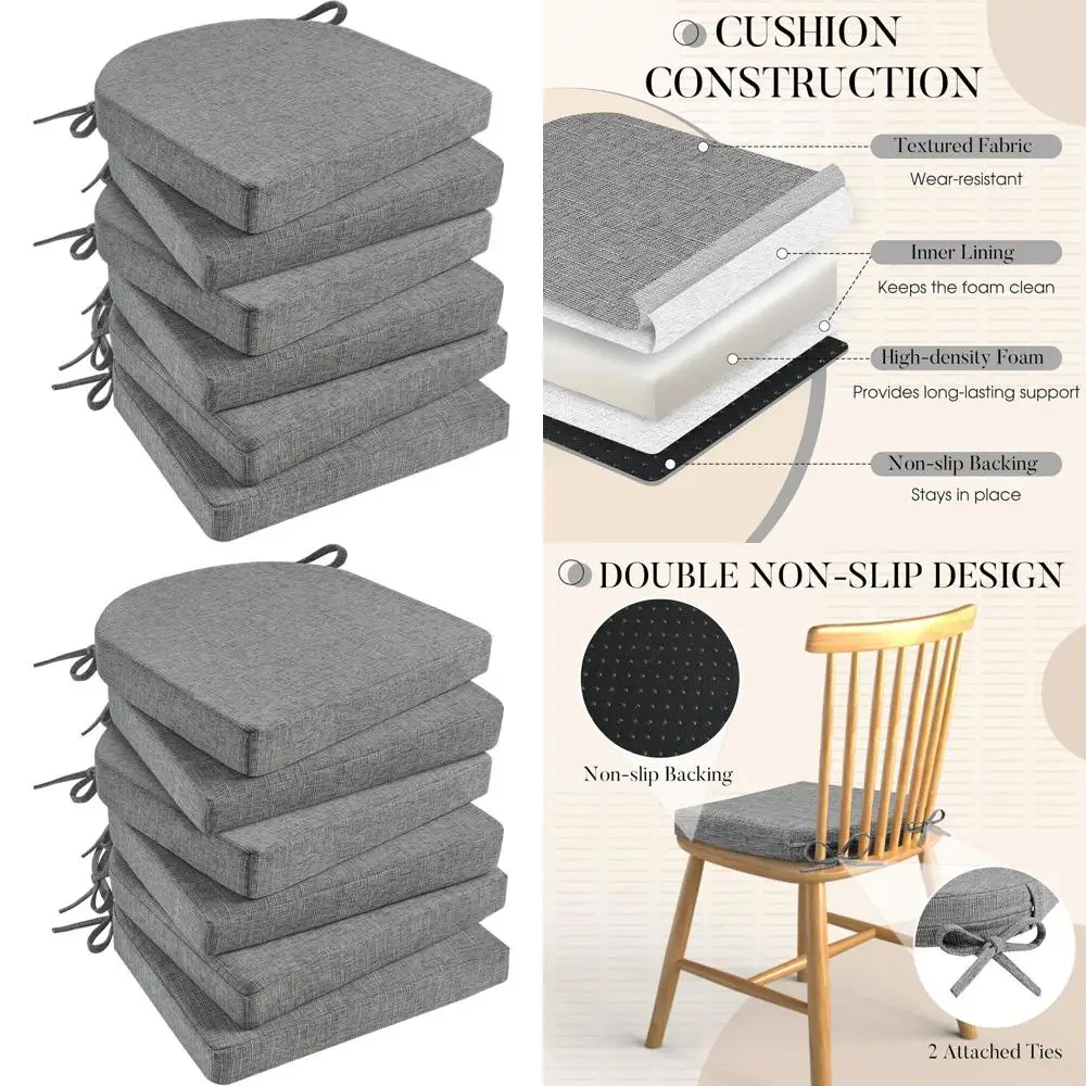 

2 Thick Removable Cover Seat Cushions for 6 Dining Chairs, 17x16, Dark Grey