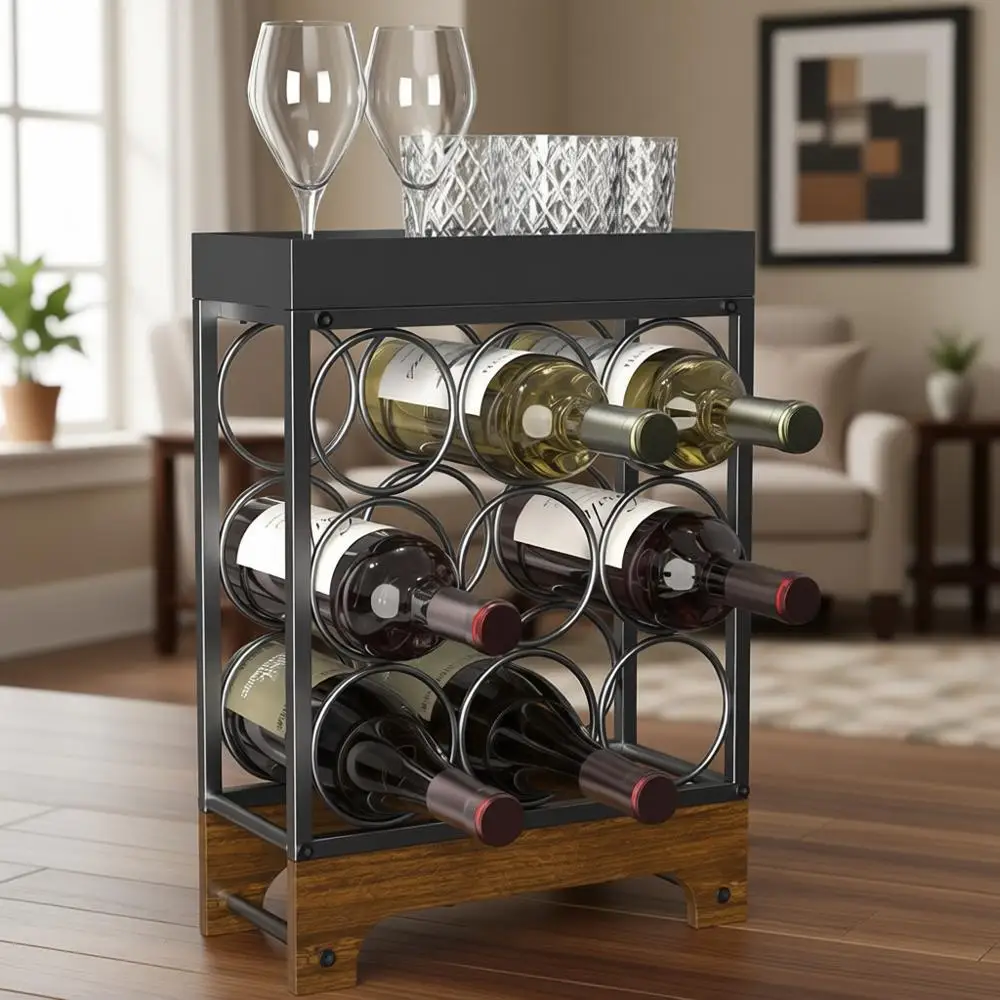 

9-Bottle Standing Wine Rack with Top Tray, Black Metal and Wood, 3-Tier Tabletop Holder for Home Kitchen Bar