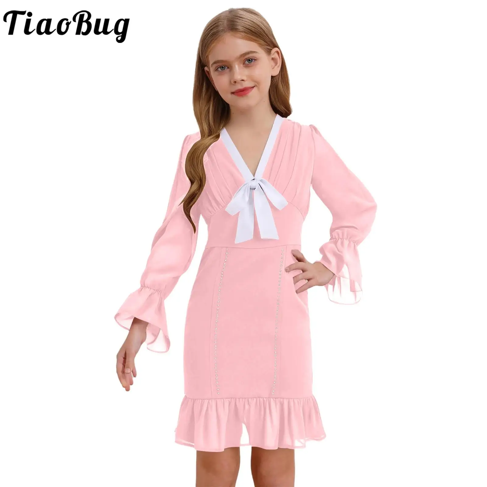 

Kids Girls Elegant Party Dress V-neck Long Sleeves Bow Rhinestone Dresses with Belt Formal Banquet Pageant Wedding Birthday Gown
