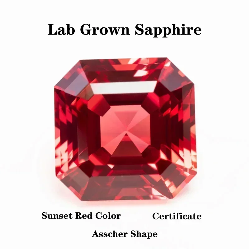 Ciondoli a forma di asscher di colore rosso tramonto con zaffiro coltivato in laboratorio per la creazione di gioielli Gioielli coordinati fai-da-te con certificazione