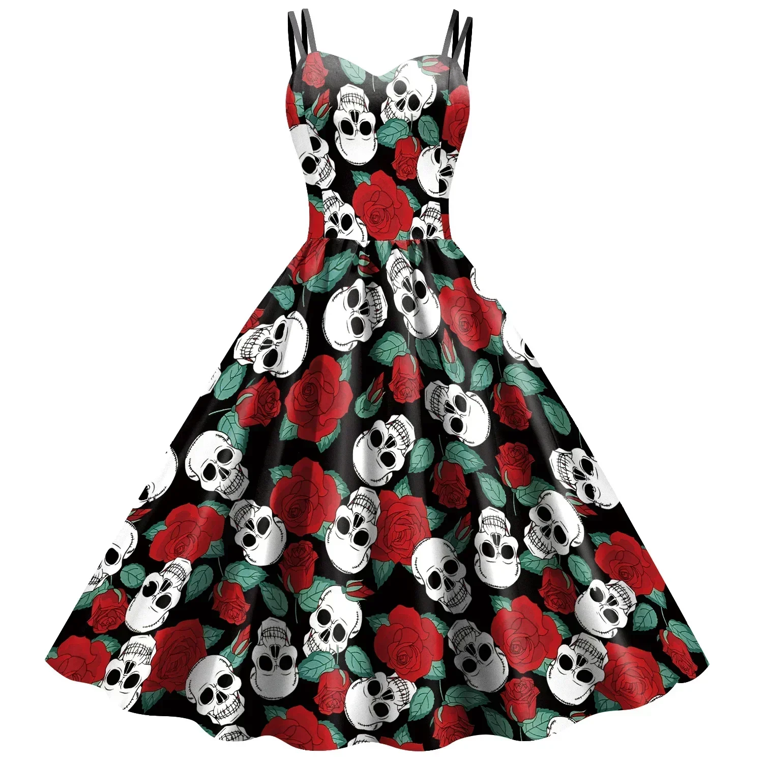 Zawaland Halloween Fancy Skeleton Rose Print Women Dress Girl Carnival Party Dresses Female Goth Horror Costume Rockabilly Dress