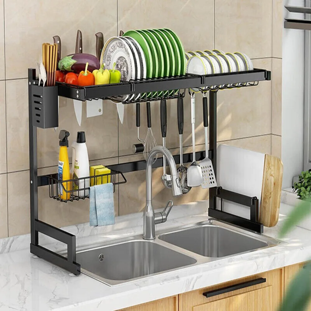 85Cm Over Sink Dish Drying Rack Drainer Utensil Holder Stainless Brand New UK