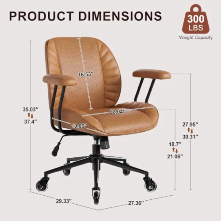 Home office desk chair with lumbar support, genuine leather, light brown, ergonomic design for all-day comfort
