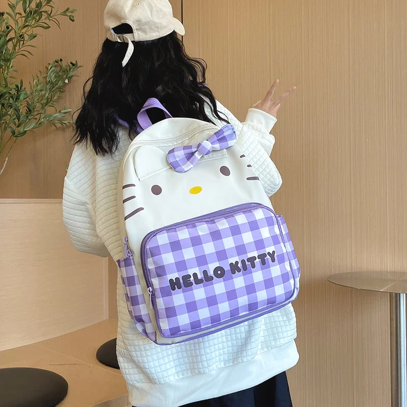 Sanrio Hello Kitty cute and sweet student schoolbag cartoon contrasting color plaid light travel large capacity backpack