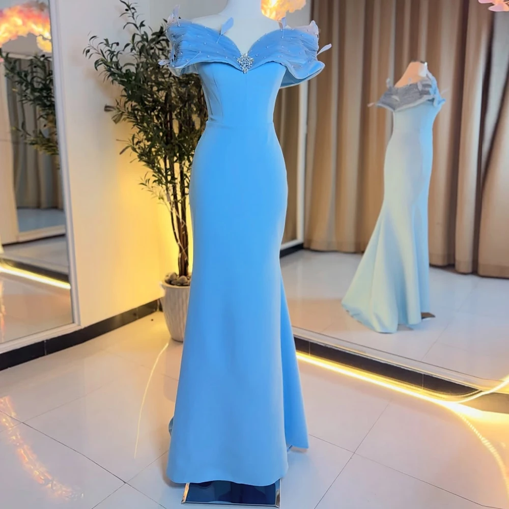 

Customized Mermaid Evening Dresses Floor-length Off The Shoulder Sleeveless Prom Gown Fashion Crystal Feathers Draped Party Gown