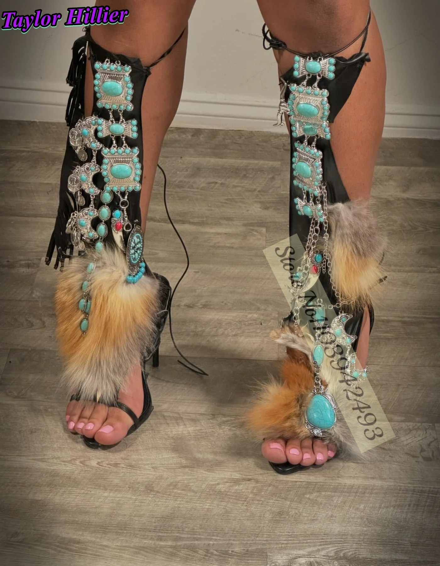 Gladiator Heels Turquoise Fur Wrap Sandals Women Shoes Mixed Color Roman Thin High Heel Pointed Toe Sandalias De Mujer Summer view 3