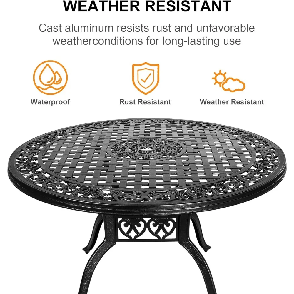 طاولة طعام مستديرة للاستخدام الخارجي مقاس 48 بوصة من الألومنيوم مع إطار مطلي بالمسحوق وحامل مظلة للحديقة