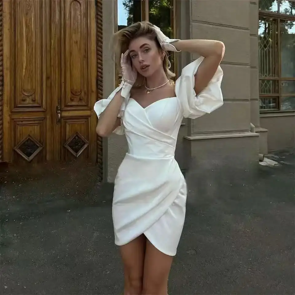 Elegant Short Wedding Dresses Puff Sleeve Sweetheart Backless Satin Bride Sheath MIni Customized Bridal Gowns Vestidos De Noiva
