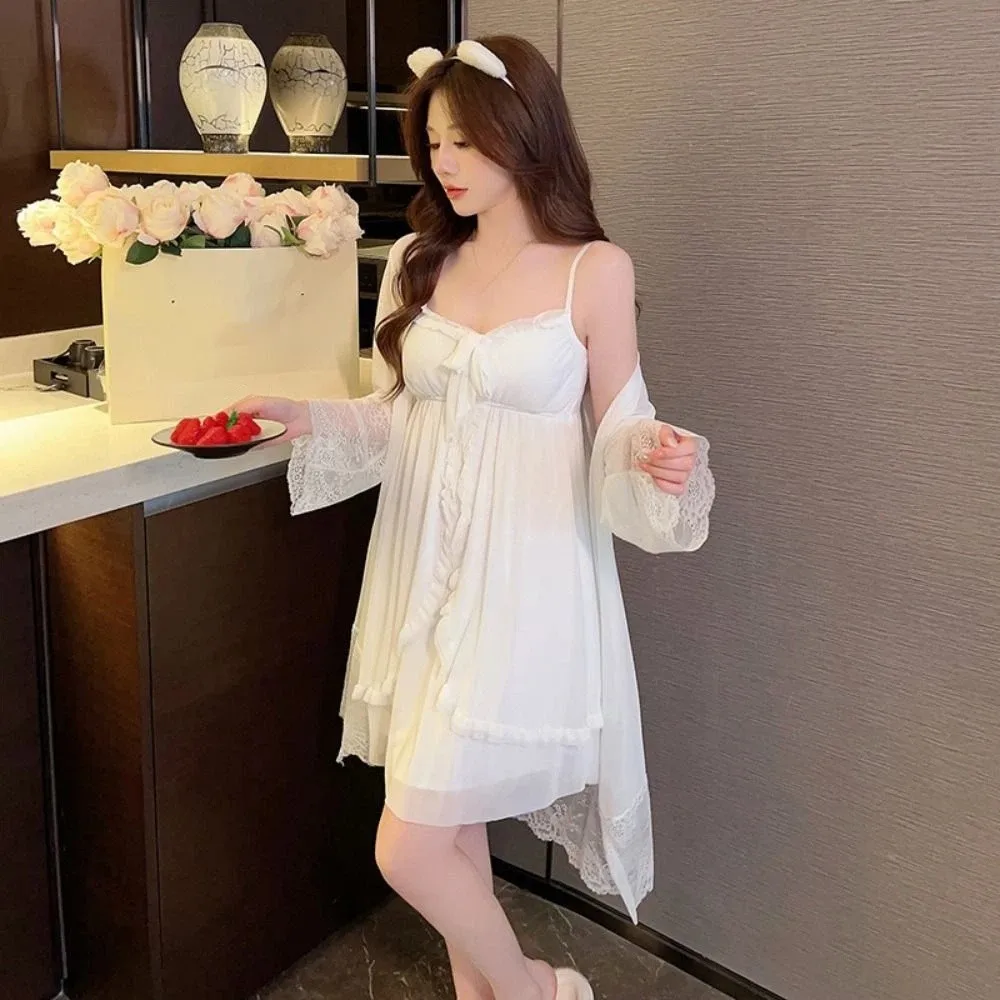 レースちょう結び女性パジャマドレスナイトガウンフリルホームウェアスリーピングドレスローブセットノースリーブパジャマスリングナイトガウンパッド付き