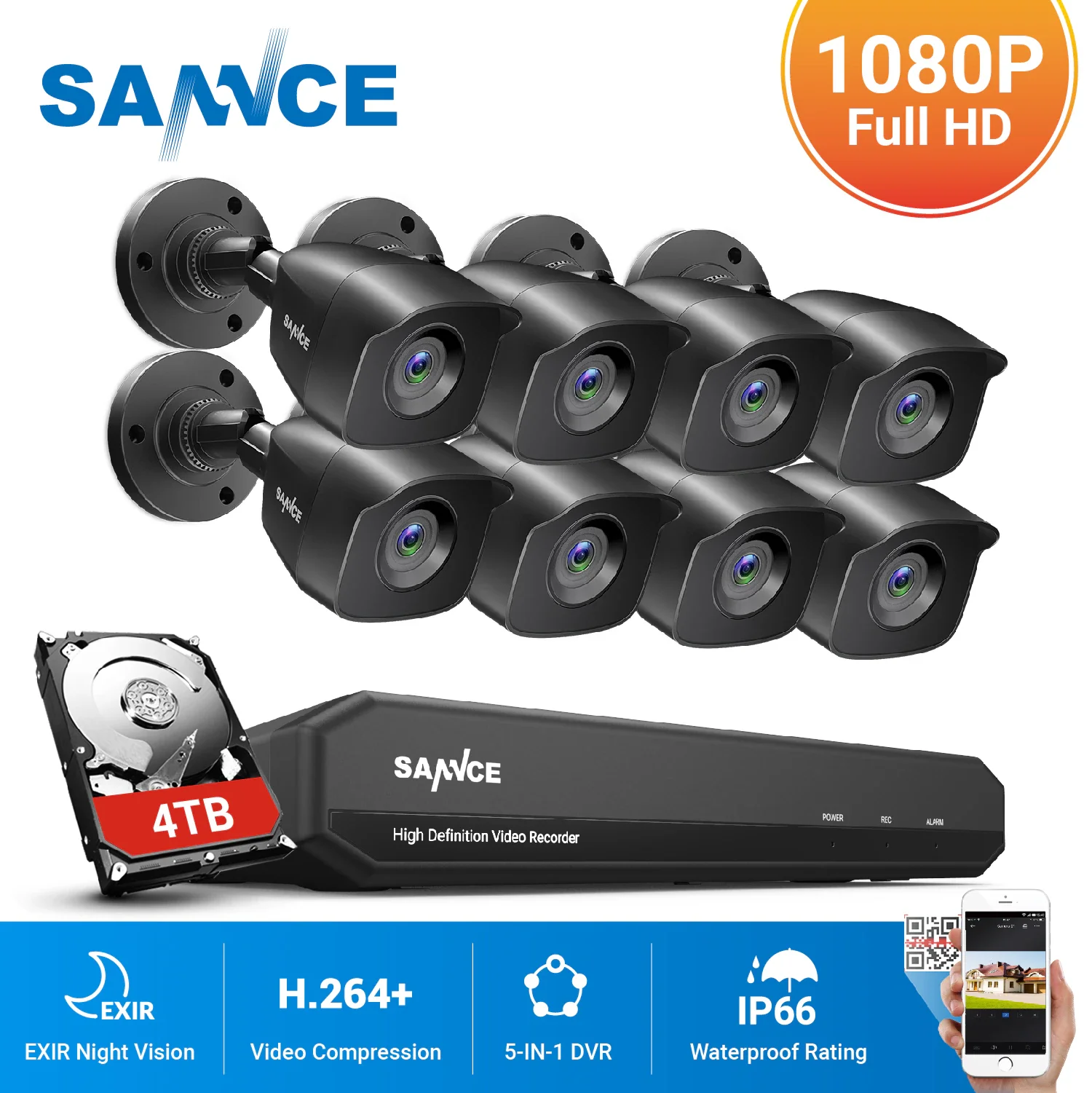 

SANNCE 8CH 1080N DVR CCTV System 4/8pcs 1080P 2.0MP Security Cameras IR Outdoor IP66 Video Surveillance Kit Motion Detection