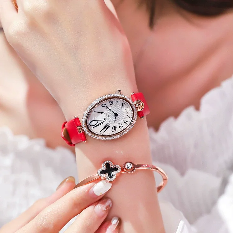 ساعة يد نسائية فاخرة من الجلد الأزرق البيضاوي مقاومة للماء ساعة يد كوارتز رائعة للفتيات ساعة يد كلاسيكية من أفضل العلامات التجارية للسيدات