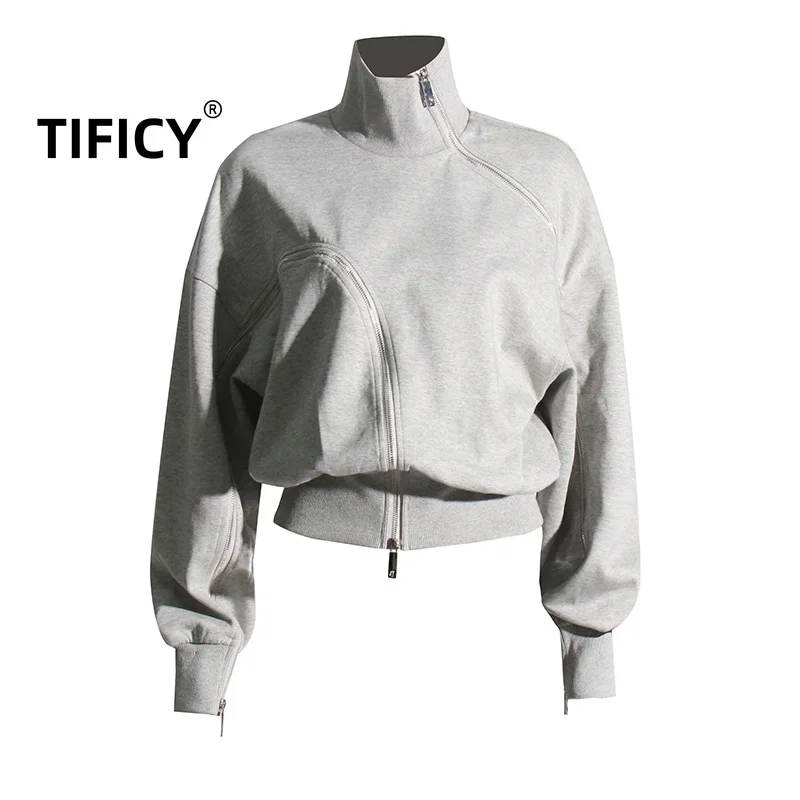 Autumn New Fashion Casual Solid Color Irregular Zipper Design High Collar Sweatshirts Women\'s Loose Hooded Sweatshirt Top