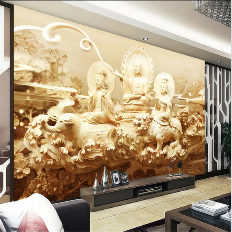 Custom wallpaper high-end luxury villa 3D European background wall living room Buddha statue wood carving mural Papel de parede