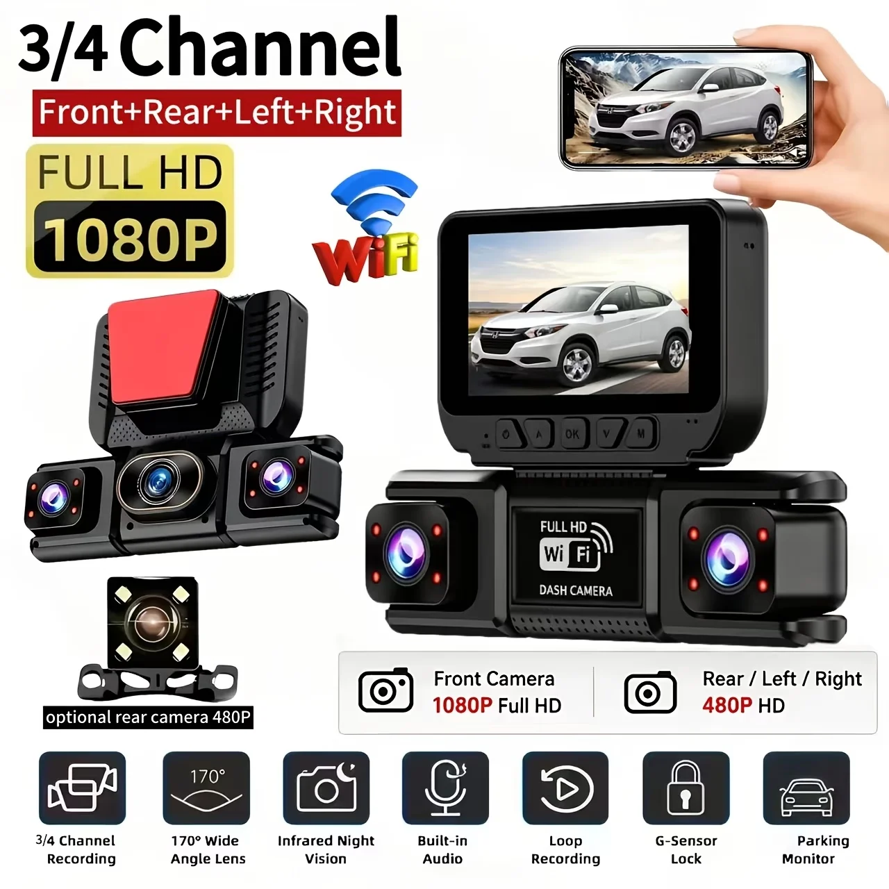 3/4-Channel Dashcam, Optional Rear Camera, Wi-Fi Support, Four Recording Modes (Front, Left, Right, Rear), 1080p Full HD Resolution, DVR Video Playback, G-Sensor Emergency Lock Feature, Easy Installation
