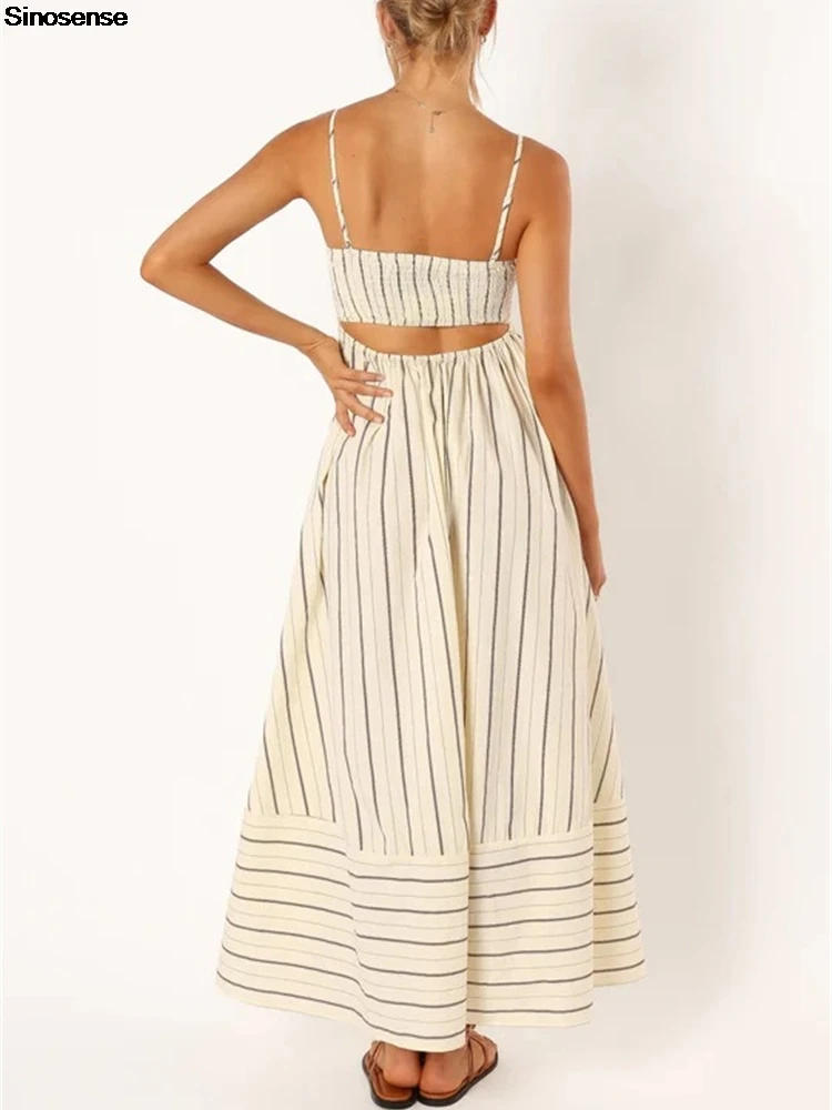 Abito lungo da donna con smock sul retro a righe Abito lungo sexy con cinturino per spaghetti ritagliato Abito lungo altalena fluido Y2K Abito da vacanza per appuntamenti di strada