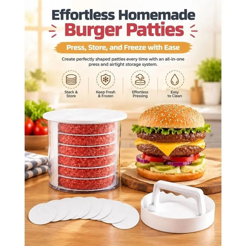 VEHO-Burger Patty Maker Press,Hamburger Patty Storage Containers (5 Floors) Manual Burger Patty Press, For 5-9 Patties