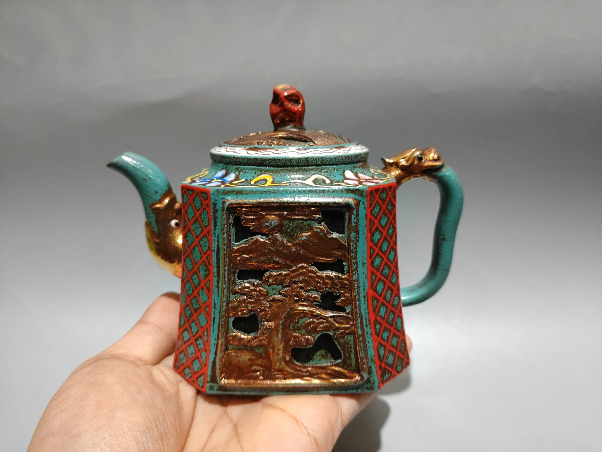 Yixing Purple clay teapot Outline in gold Pointillism Four sided hollow pot Pine and Cypress Pot  Kettle Teapot flagon