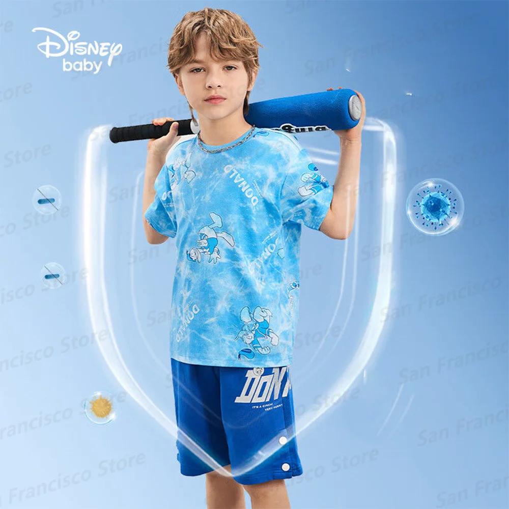 Summer New Boy Disney Donald Duck Blue 3D Tie-Dye Cartoon Pattern Outdoor Sports Short-Sleeved KID/Adult Breathable T-shirt