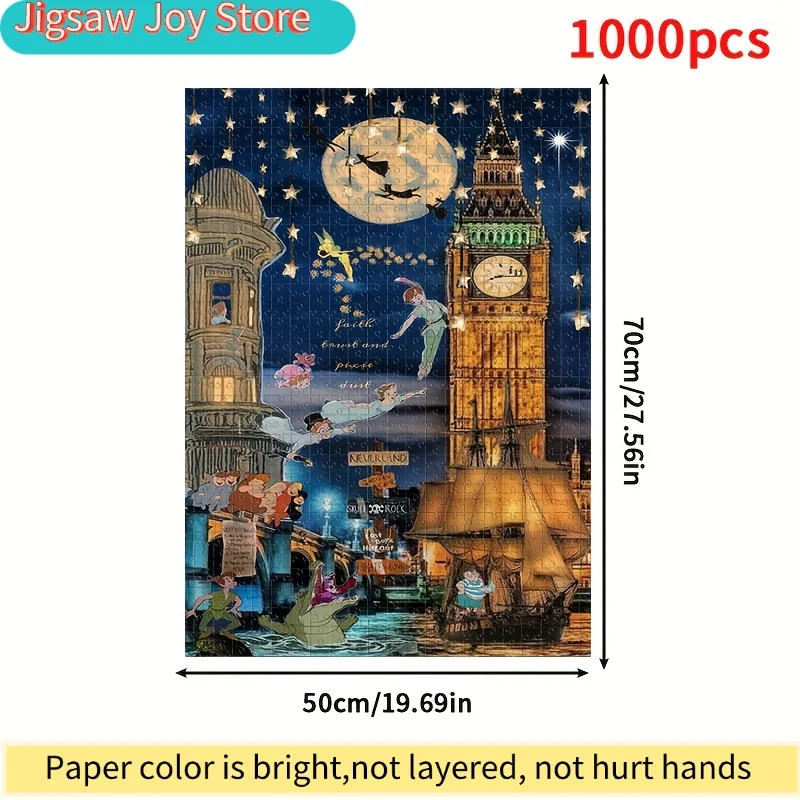 لغز 1000 قطعة بشخصيات كرتونية تينكر بيل وبيتر بان وبرج الساعة القمرية، لعبة تعليق على الحائط للكبار، هدية تفاعلية للعائلة