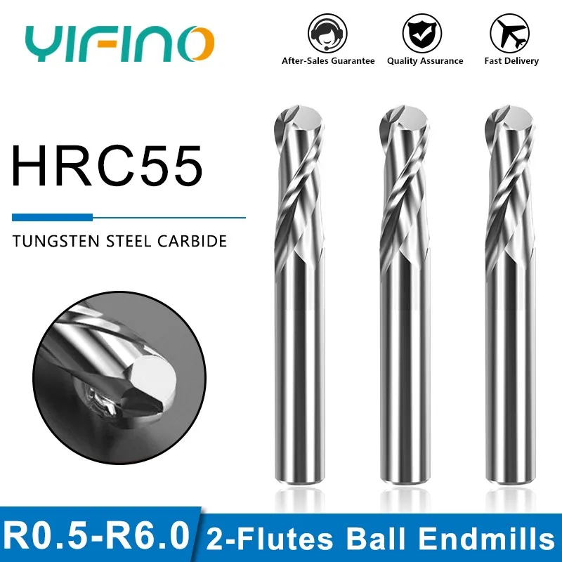 YIFINO HRC55 2-Flute For Aluminum Ball End Mill Tungsten Steel Carbide Milling Cutter CNC Mechanical Machining Endmills Tools
