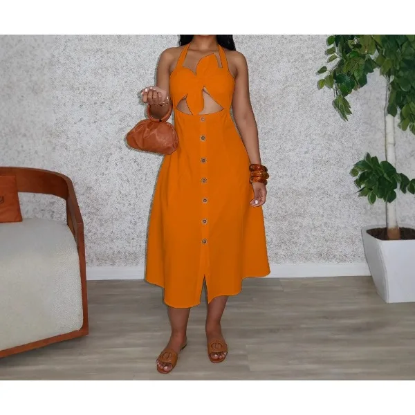 

Bodycon Dress for Women Summer 2025 Sexy Hollow Out Long Solid Halter Sleeveless Backless Female Streetwear Vestidos Dresses