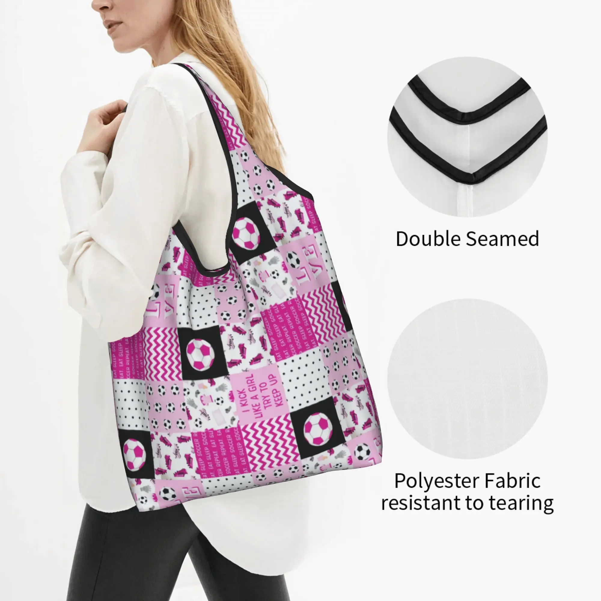 Custom Soccer Bright And Pastel Pink  Shopping Bags Women Portable Big Capacity Grocery Footbally  Shopper Tote Bags