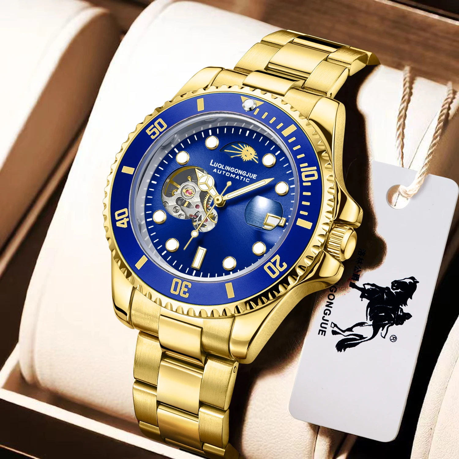 Luolingongjue Green Water Ghost Men\'s Watch Mechanical Watch Fully Automatic Waterproof Luminous Hollow 24-Hour Calendar Moon Phase Rolex Blue Gold