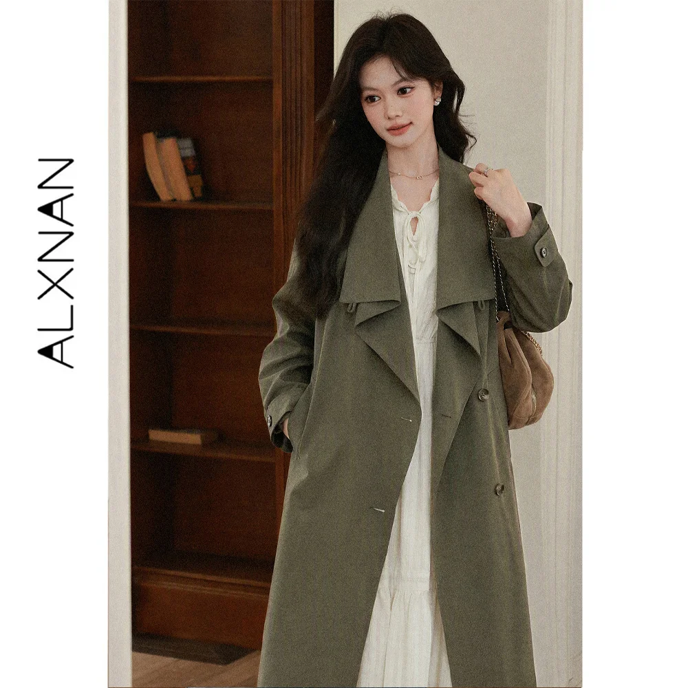 ALXNAN Women's Green Long Trench Coat Lapel Collar Slimming Versatile Commuter Minimalist Autumn 2026 Outerwear L681218A