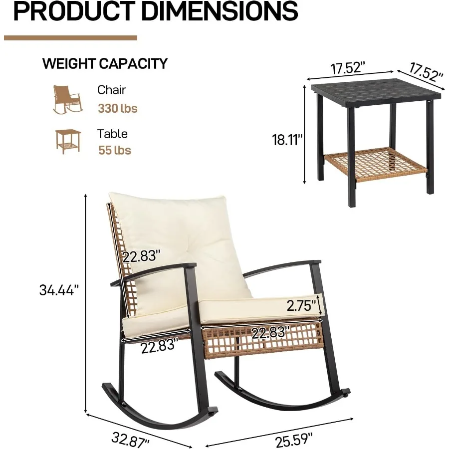 3-Piece Wicker Rocking Chair Set with Side Table for Outdoor Patio Use, Brown All-Weather Resin Wicker, Rust-Resistant Steel Fr