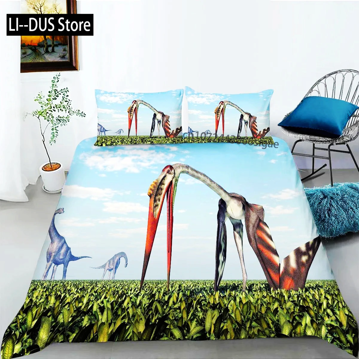 Jurassic Dinosaur Duvet Cover Set For Boys King/Queen Size Polyester Bedding Set Big Stegosaurus Brontosaurus Pterosaur