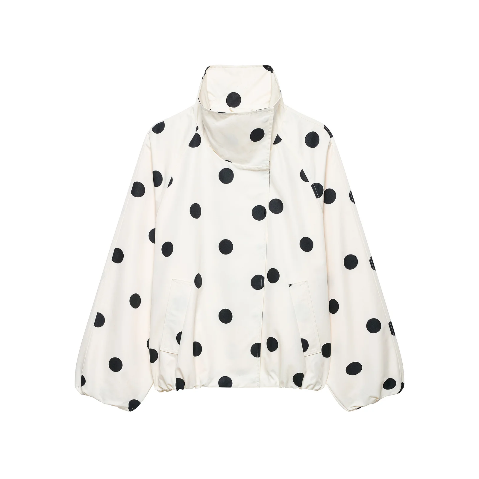 Damenmode Vintage Polka Dots Jacke mit Taschen und Stehkragen Frühling Herbst Langarmjacke Urlaubsoutfits für Frauen – Detail 3
