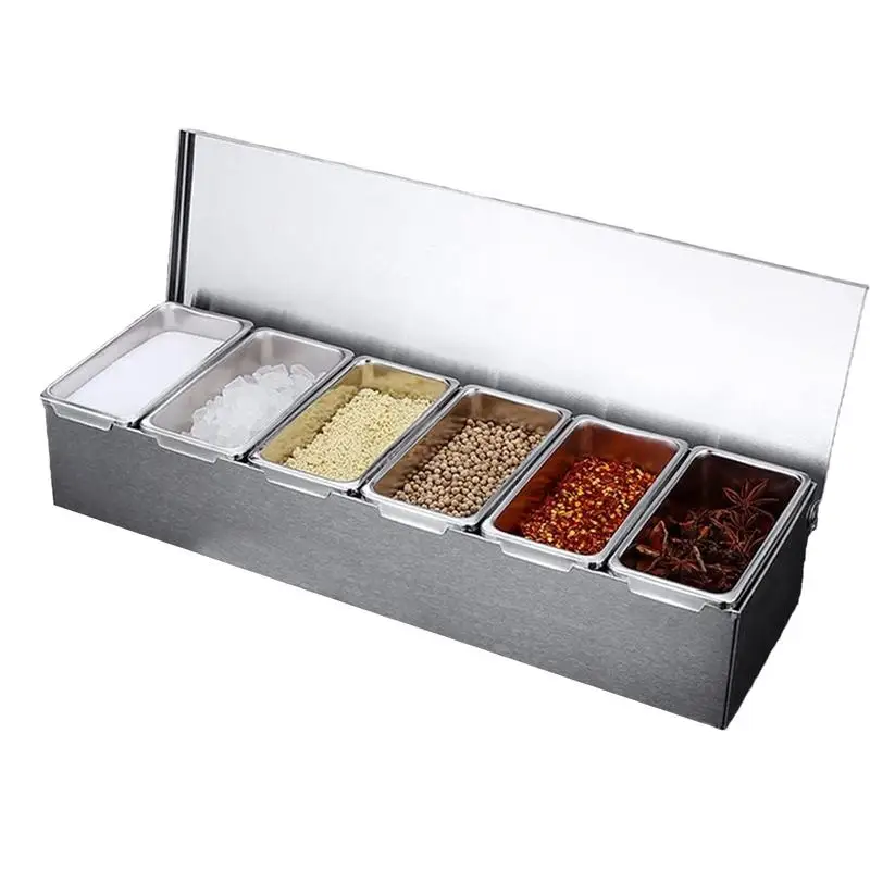 Stainless Steel Seasoning Containers Metal 6-Grid Sugar Dispenser Stainless Steel 6-Compartment Salt Container For Salt Pepper