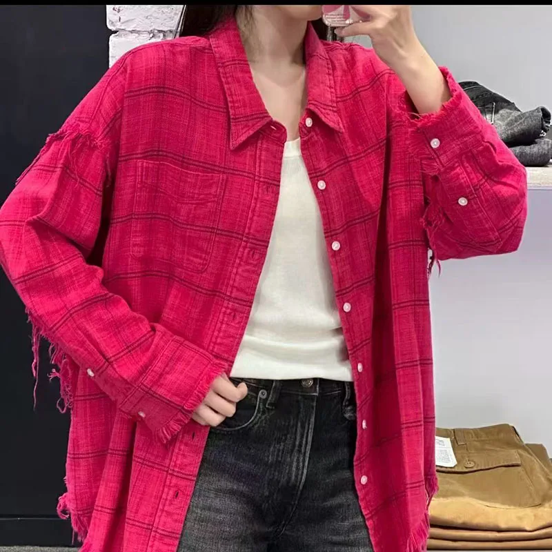 Women's shirt 2026 Autumn New Single breasted Loose Women's Long sleeved Top pure cotton plaid lapel women's blouse casual tops