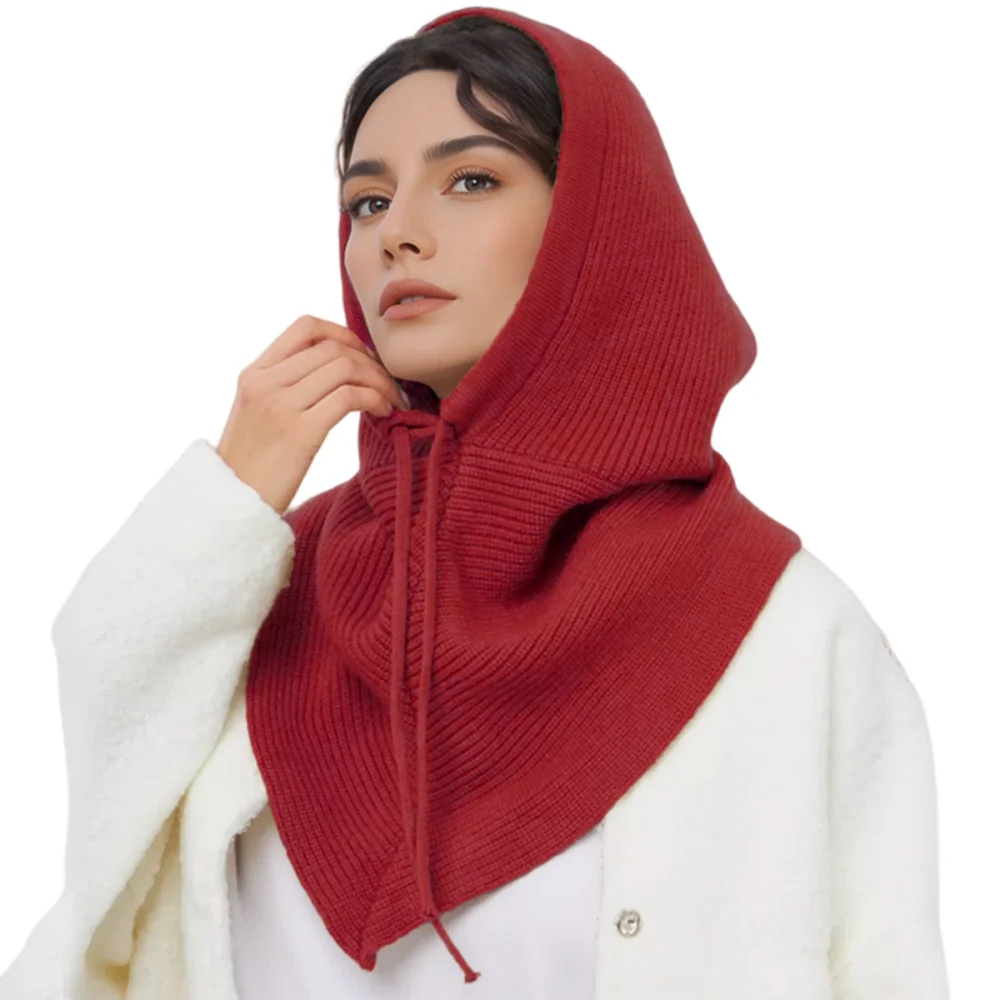 Solid Simple Integrated Knit Women's Hat Winter Warm Drawstring Hooded Square Scarves Outdoor Unisex Fashion Shawl Caps gorros