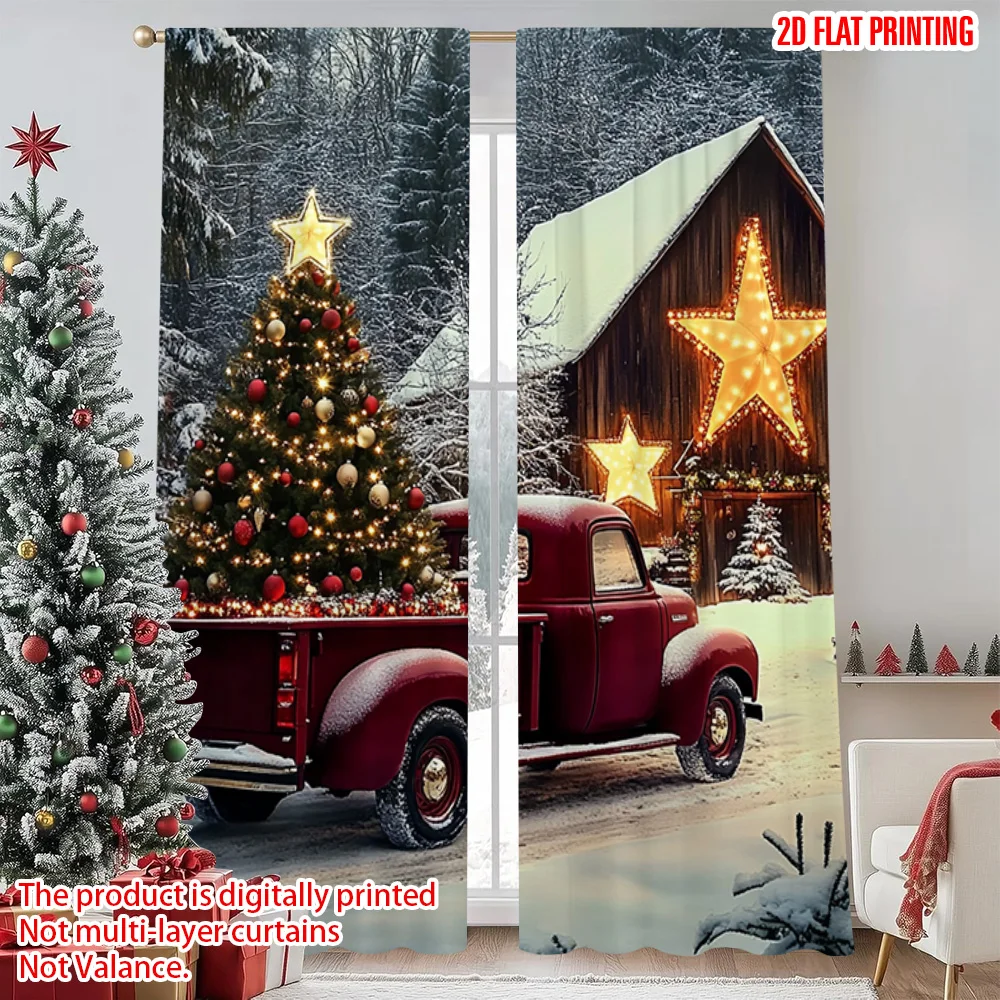 

2pcs 2D flat printing Christmas Curtain Snow scene red truck Christmas Polyester Without Electricity Family Party Perfect for