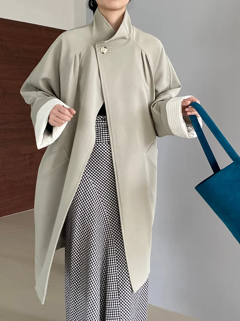 SuperAen Korean Style Vintage Solid Color Stand Collar Single Button Long Coat Autumn New Elegant Loose Waist Trench Coat