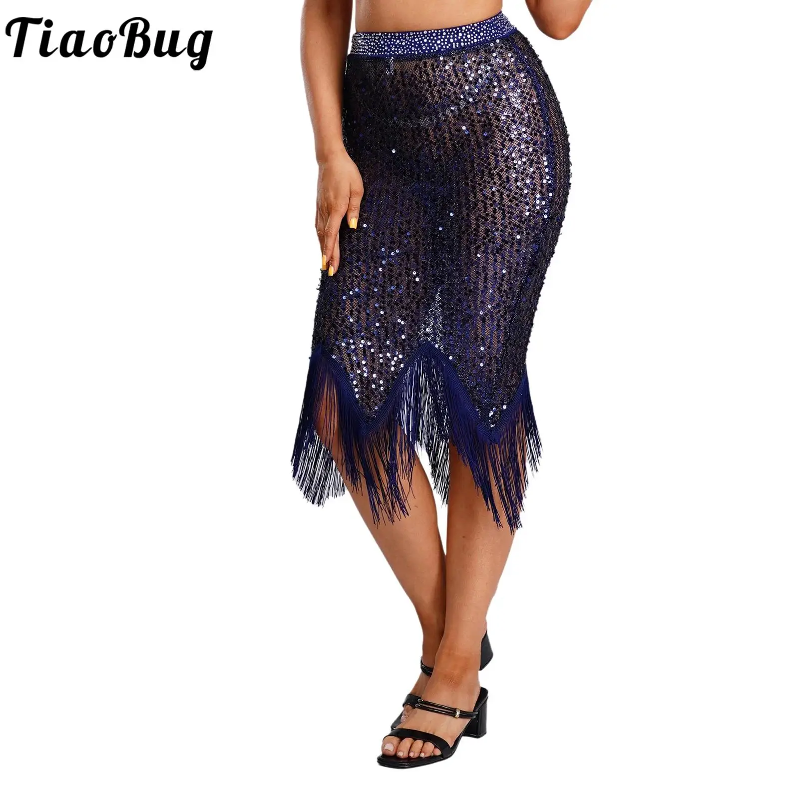 

Women Shiny Sequin Mesh Latin Tango Bodycon Skirts Sexy Tassel Fringe Hem Cover-up Skirt for Belly Dance Night Outing Party Club