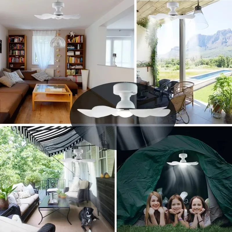 Solar Powered Ceiling Fan Light 3-Color LED Portable for Outdoor/Indoor Use Energy Efficient Solar Panel Charging Fan Bulb